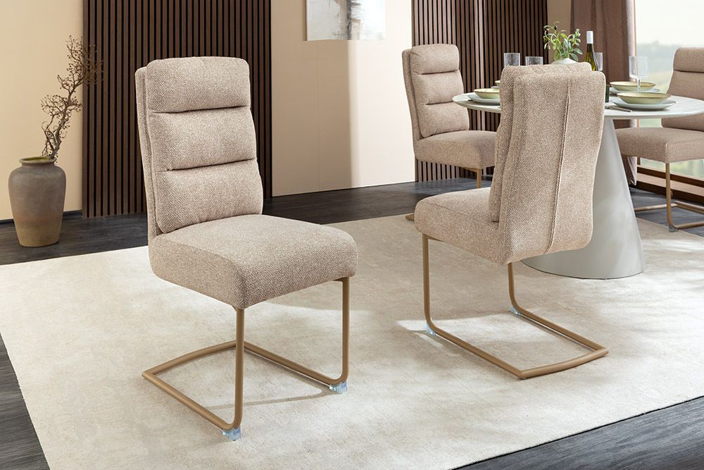 Design Freischwinger Stuhl COMFORT beige Strukturstoff mit Metallgestell