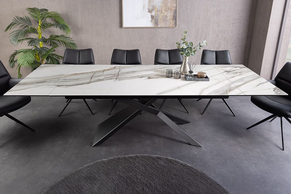 Ausziehbarer Esstisch EUPHORIA 180-220-260cm weiß Carrara Oro Keramik schwarz Metall