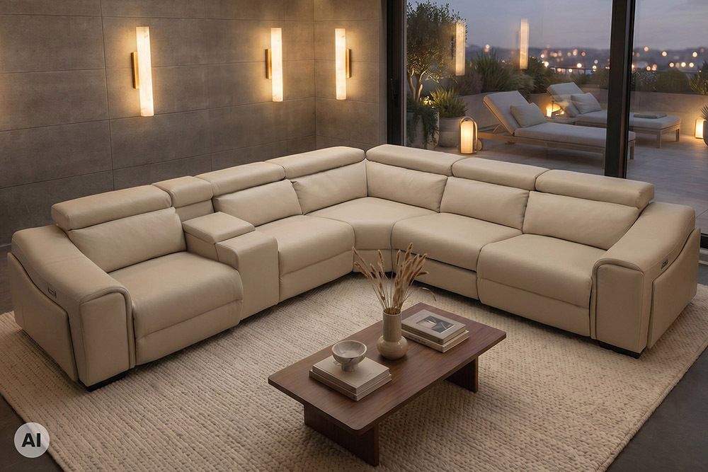 Multifunktionales Ecksofa PRIME 300cm beige Kunstleder Relaxfunktion Getränkehalter