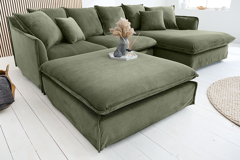 Großer Sitzhocker HEAVEN 100cm grün Cord Sofahocker abnehmbarer Bezug