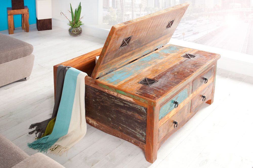 Massiver Couchtisch JAKARTA 70cm bunt Truhe aus recycelten Fischerbooten Holz mit Schubladen