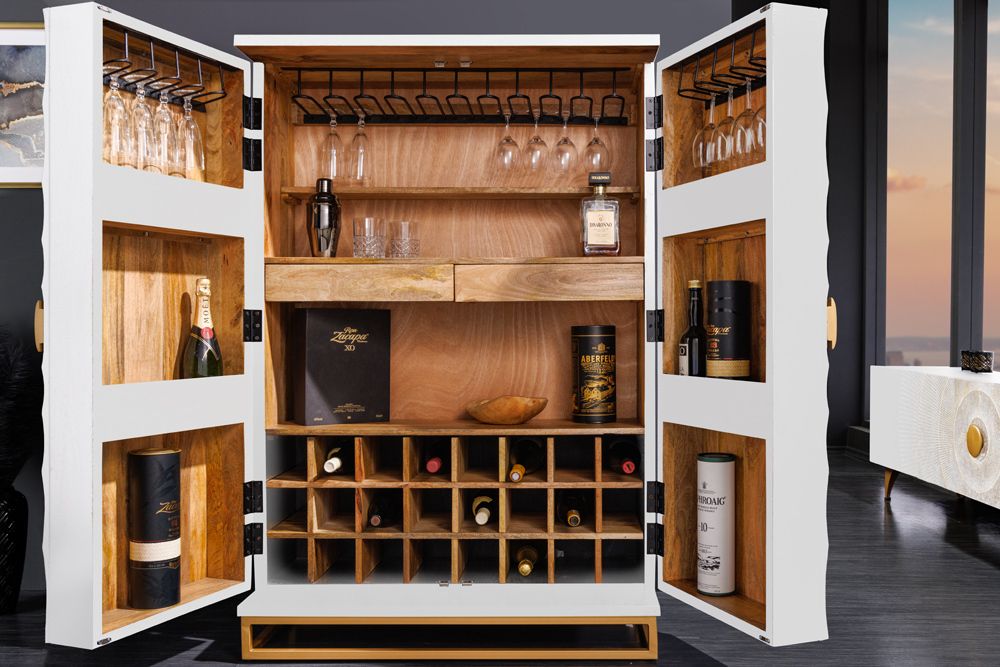 Handgearbeiteter Barschrank GOLDEN SUNSET 140cm weiß gold Mangoholz massiv