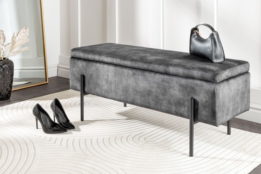 Moderne Truhenbank LOFT 100cm grau Samt Sitzbank mit Stauraum gespolstert schwarz Metall