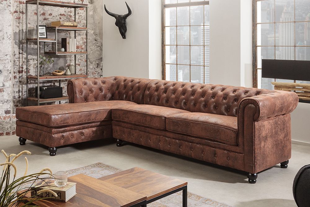 Design Ecksofa CHESTERFIELD 270cm antik braun Microfaser Federkern Ottomane links Vintage