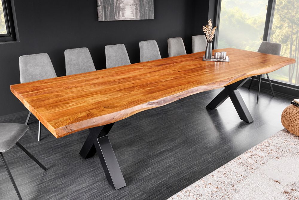 Massivholz Esstisch MAMMUT 300cm Akazie X-Gestell schwarz Metall Baumkante 6cm Tischplatte