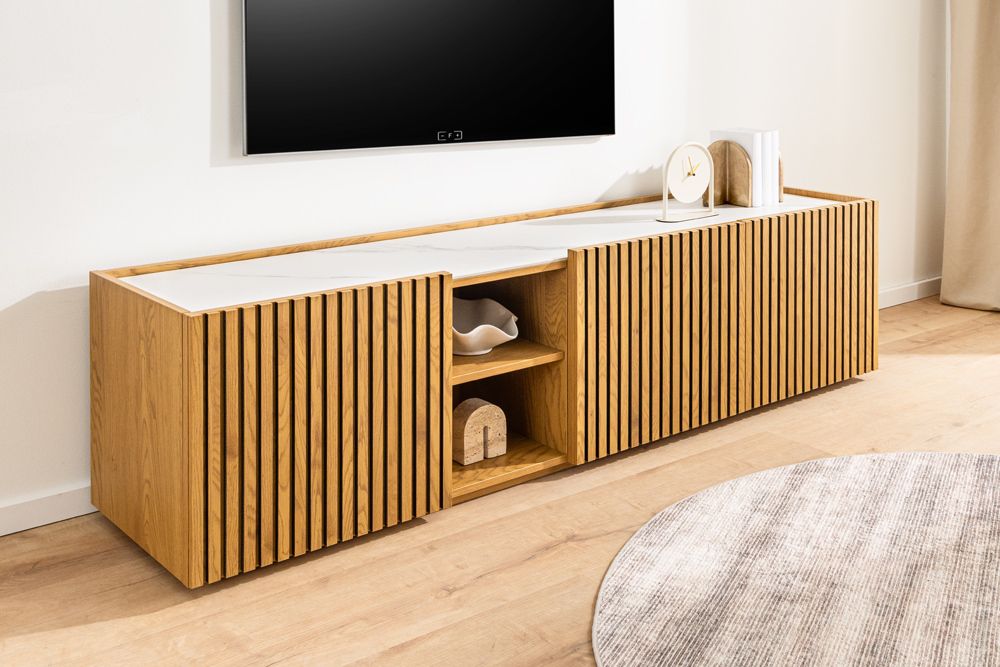 Design Lowboard VICENZA 180cm weiß Keramik natur Eiche Lamellenfront