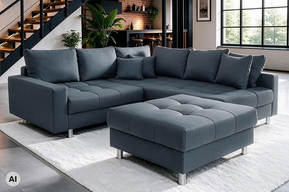 Moderne Wohnlandschaft KENT 220cm anthrazit Ecksofa Federkern inkl. Hocker und Kissen