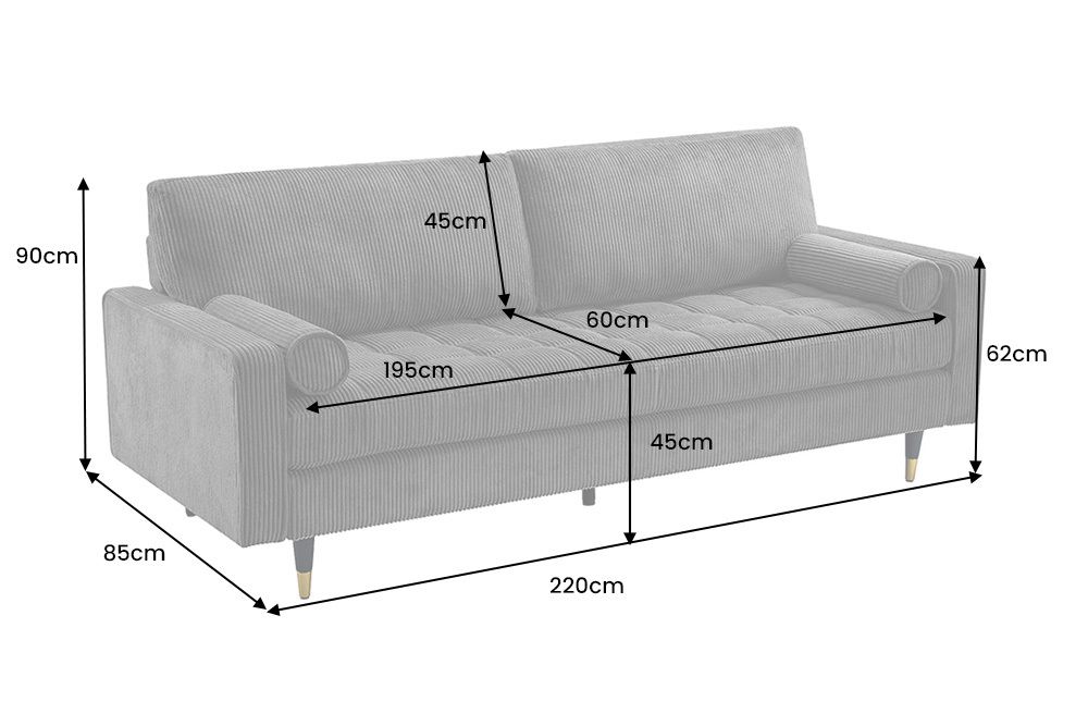 3er Sofa COZY VELVET 220cm grau Cord mit goldener Kappe