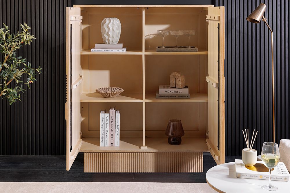 Design Highboard ART DECO 120cm weiß gekälkt Mangoholz massiv 3D Front