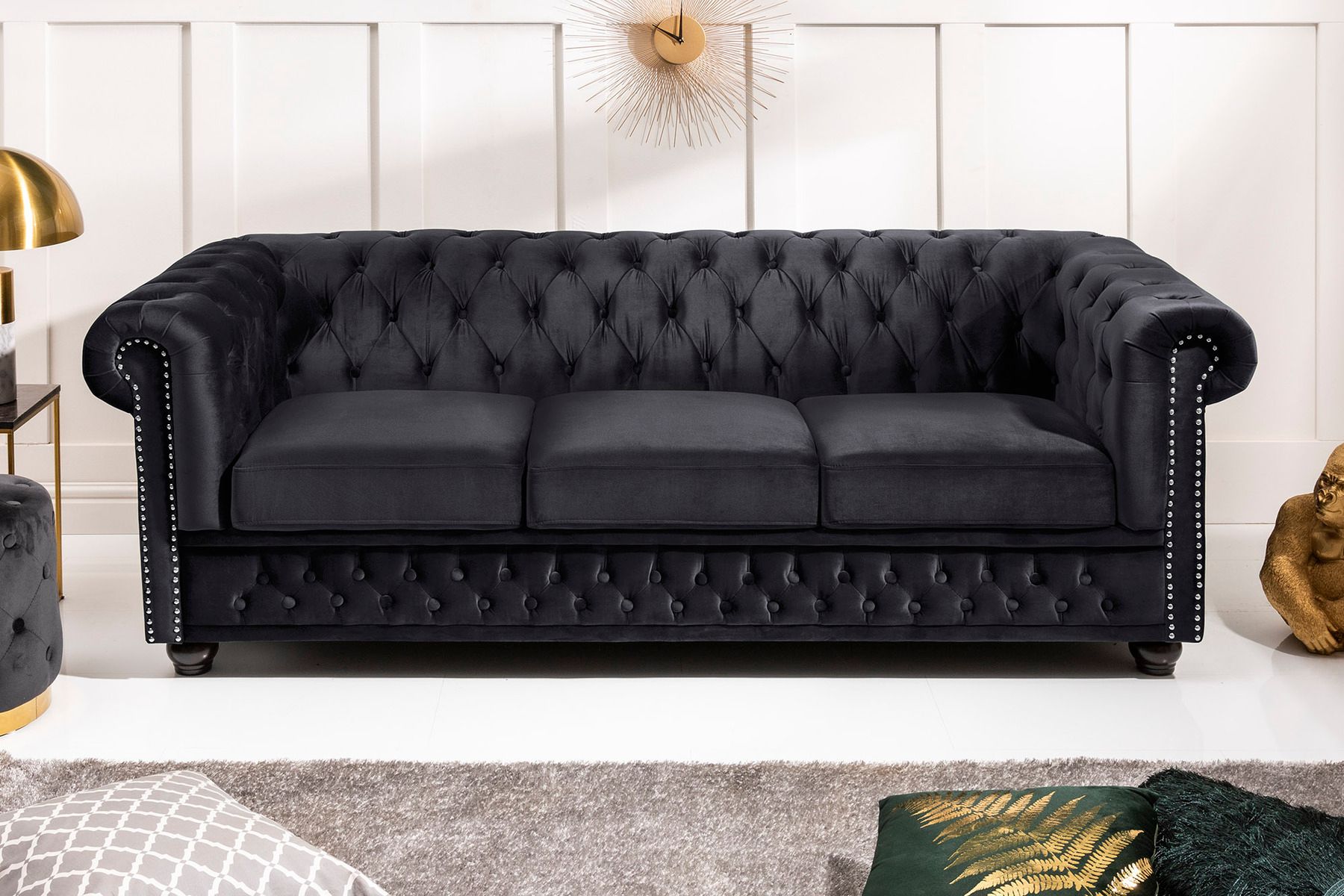 Barock Sofa CHESTERFIELD 205cm schwarz Samt Federkern Knopfheftung 3-Sitzer Couch