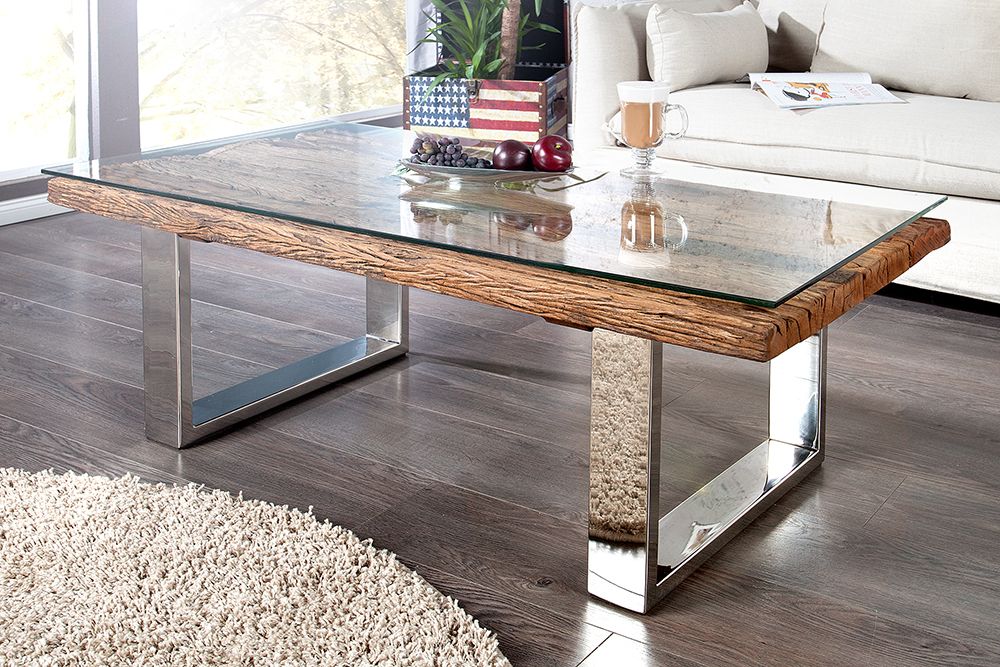Eindrucksvoller Couchtisch BARRACUDA 110cm antik Teakholz mit Kufengestell und Glas