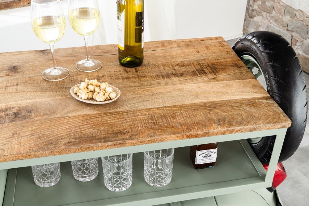 Extravaganter Barschrank SCOOTER 250cm salbei Retro-Konsole Motorroller mit Mangoholz Upcycling