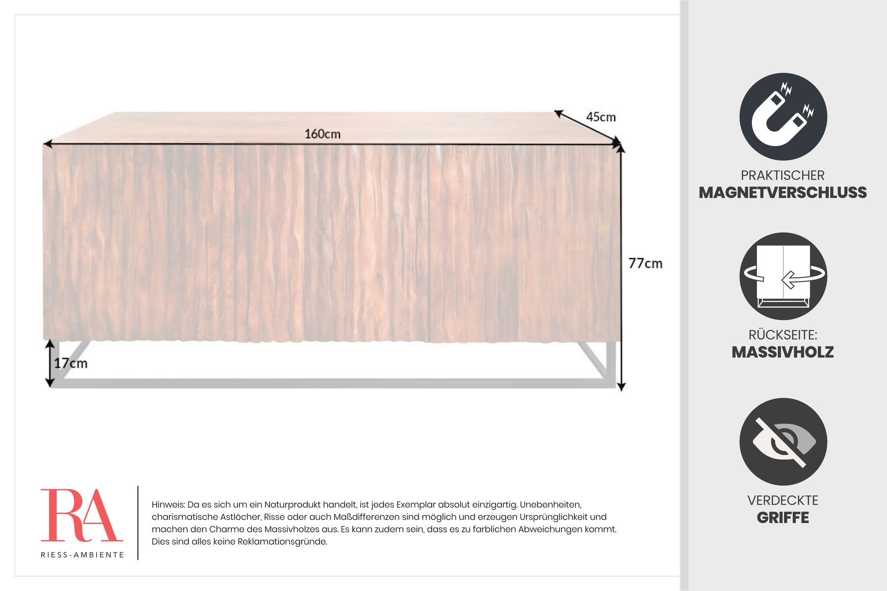 Massives Sideboard AMAZONAS 160cm Mangoholz natürliches Front Design