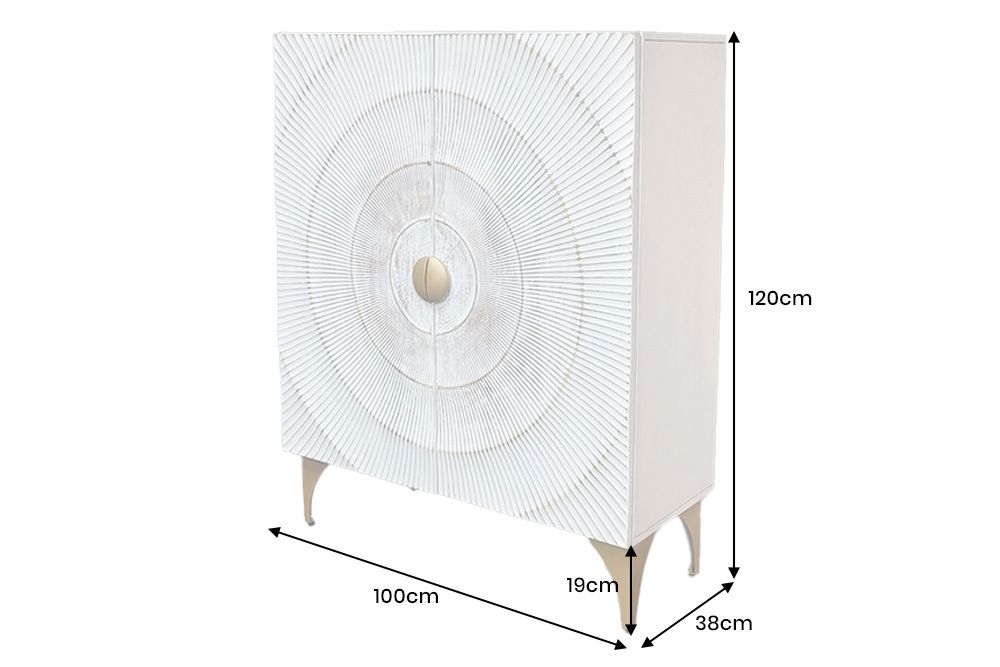 Massives Highboard GOLDEN SUNSET 120cm weiß gold Mangoholz mit 3D Schnitzereien