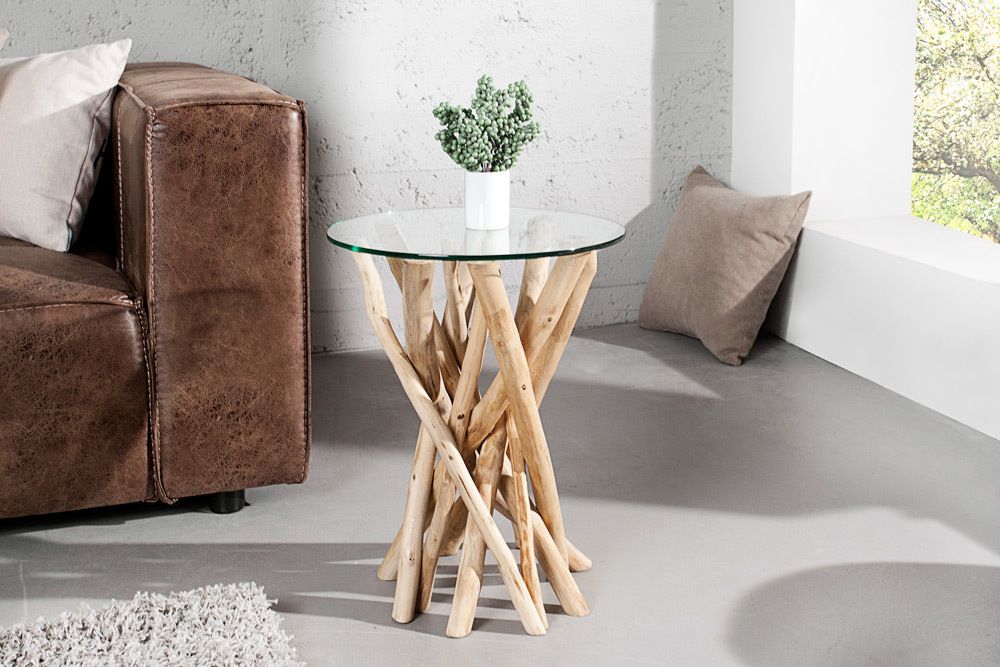 Design Beistelltisch DRIFTWOOD 40cm Teakholz mit Glasplatte rund Couchtisch