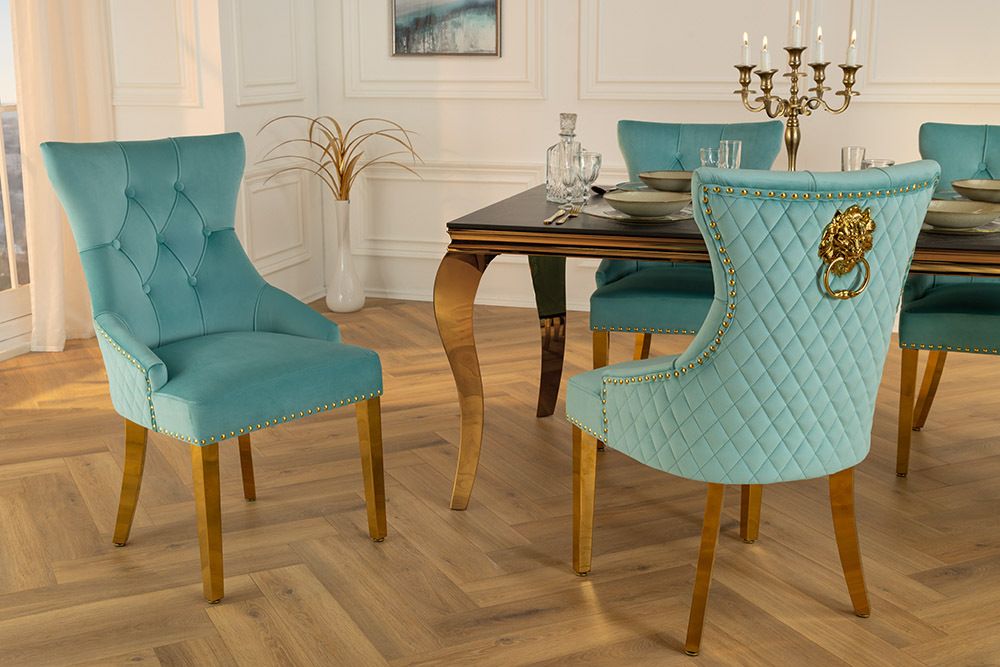 Barock Stuhl CASTLE DELUXE blau Samt gold Edelstahl mit Löwenkopf Chesterfield