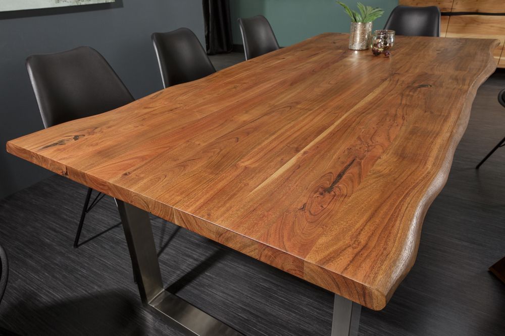 Massivholz Esstisch MAMMUT NATURE 200cm Akazie Edelstahl Baumkante 3,5cm Tischplatte
