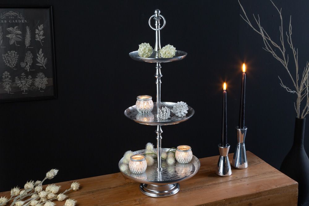 Elegante Etagere ORIENT 65cm silber im Wild Hammerschlag Design mit drei Etagen