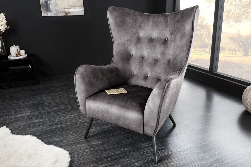 Design XL Sessel AMSTERDAM grau Samt schwarze Metallbeine Retro Stil