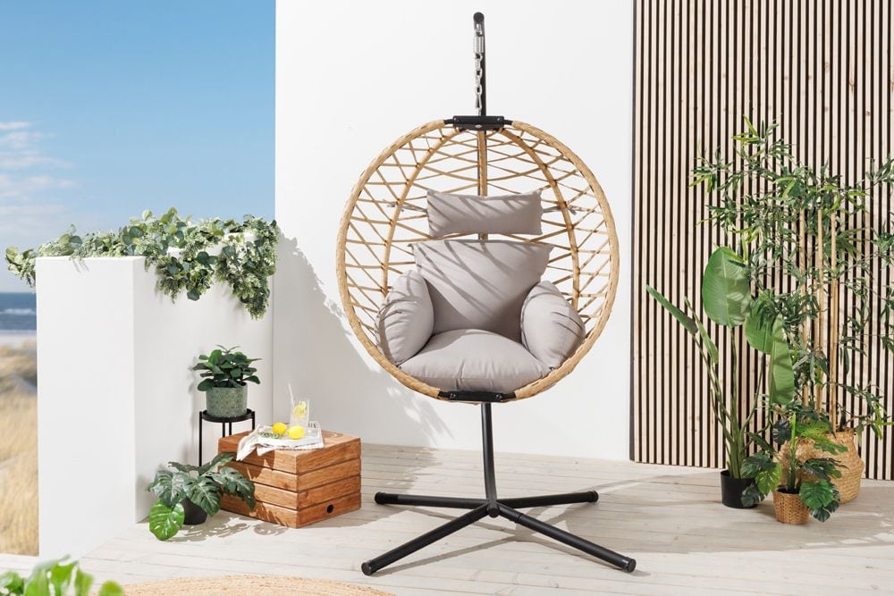 In- und Outdoor Hängesessel IBIZA natur beige Rattan mit Gestell wetterfest inkl. Kissen