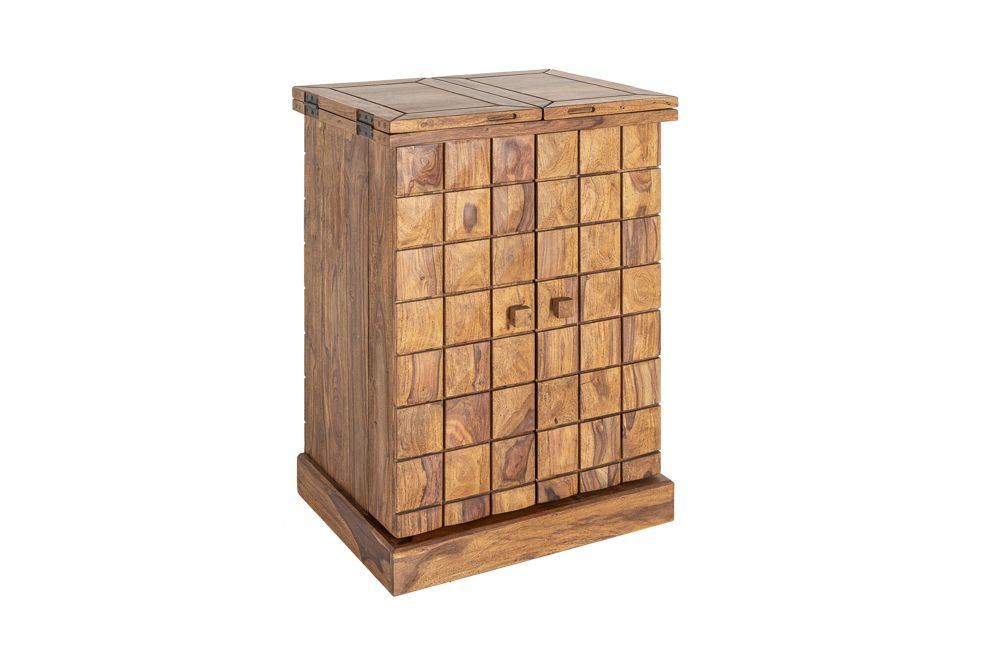 Handgearbeiteter Barschrank MOSAICO 130cm braun Sheeshamholz stone finish 3D Effekt