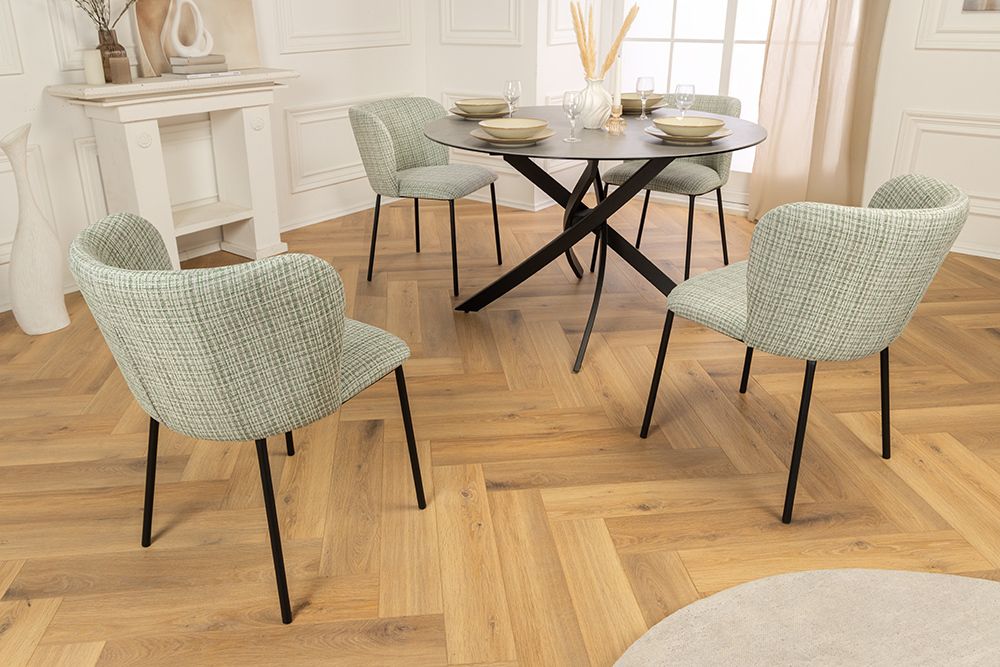Design Stuhl LYON grün-rosa kariert Bouclé schwarze Metallbeine