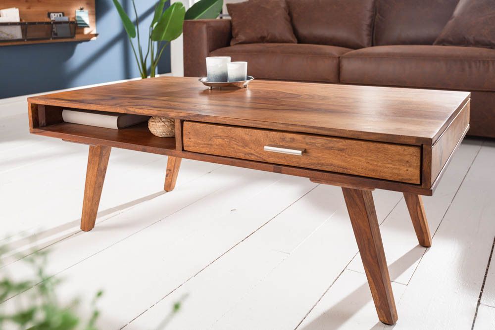 Massivholz Couchtisch RETRO 100cm braun Sheesham stone finish Schubladen handmade
