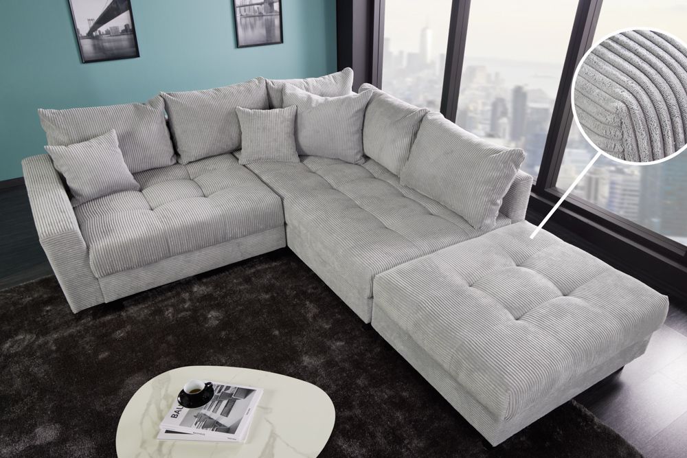 Modernes Ecksofa KENT 220cm hellgrau Cord inkl. Hocker Federkern L-Form Wohnlandschaft