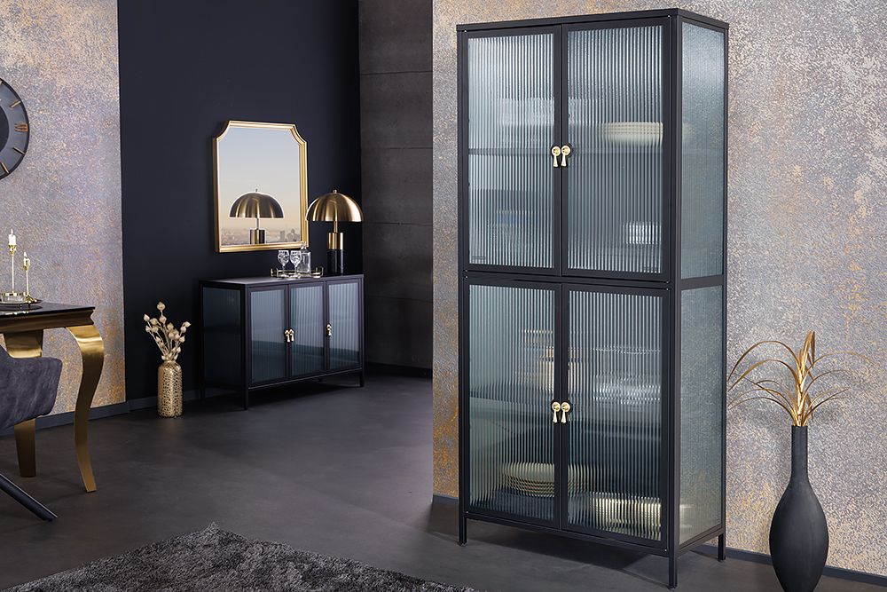 Moderne Vitrine AMSTERDAM 180cm schwarz gold Riffelglas Metall Highboard Schrank