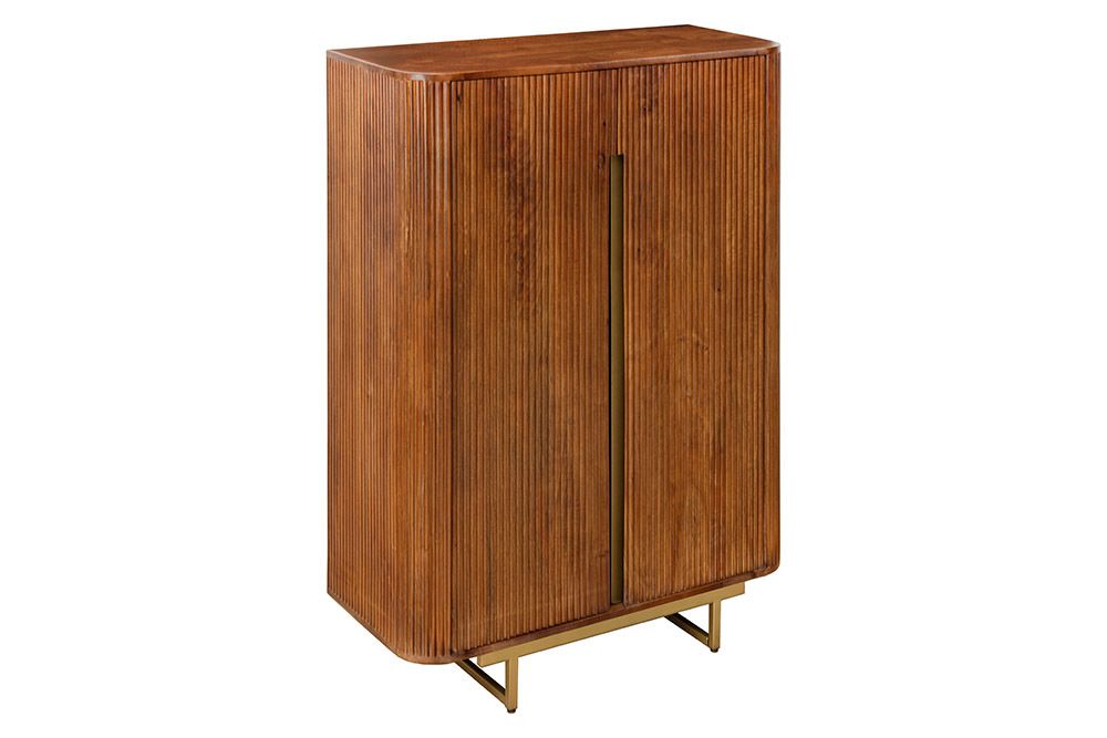 Massiver Barschrank GATSBY 140cm braun Mangoholz gold Metallgestell Retro