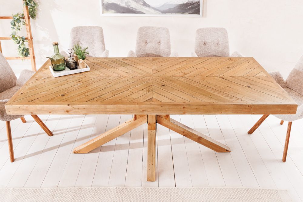 Massivholz Esstisch MOSAIK 160cm natur Pinienholz recycelt Sterngestell