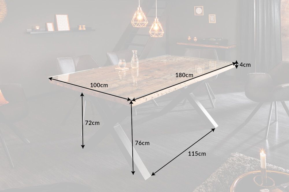 Massiver Esstisch BARRACUDA 180cm Teakholz inkl. Glasplatte mit X-Gestell