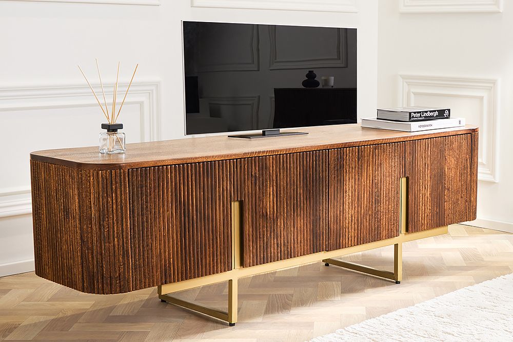 Design TV Board GATSBY 160cm braun mattgold Mangoholz Retro