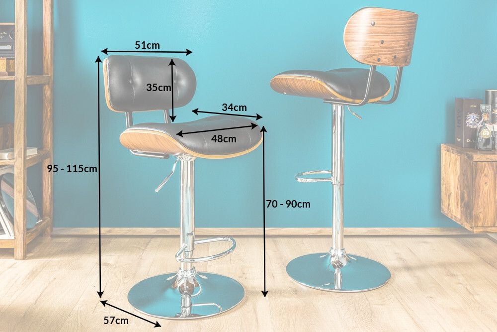 Retro Barhocker CLASSICO schwarz 115cm höhenverstellbar mit Lehne Walnussholz-Design