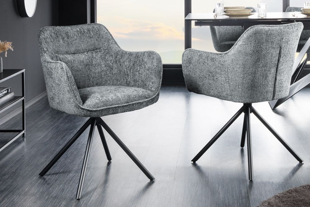 Drehbarer Stuhl VERONA grau Strukturstoff mit Armlehne Metallbeine schwarz
