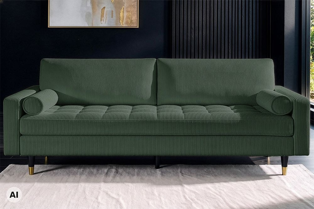 3er Sofa COZY VELVET 220cm grün Cord schwarze Füße mit goldener Kappe
