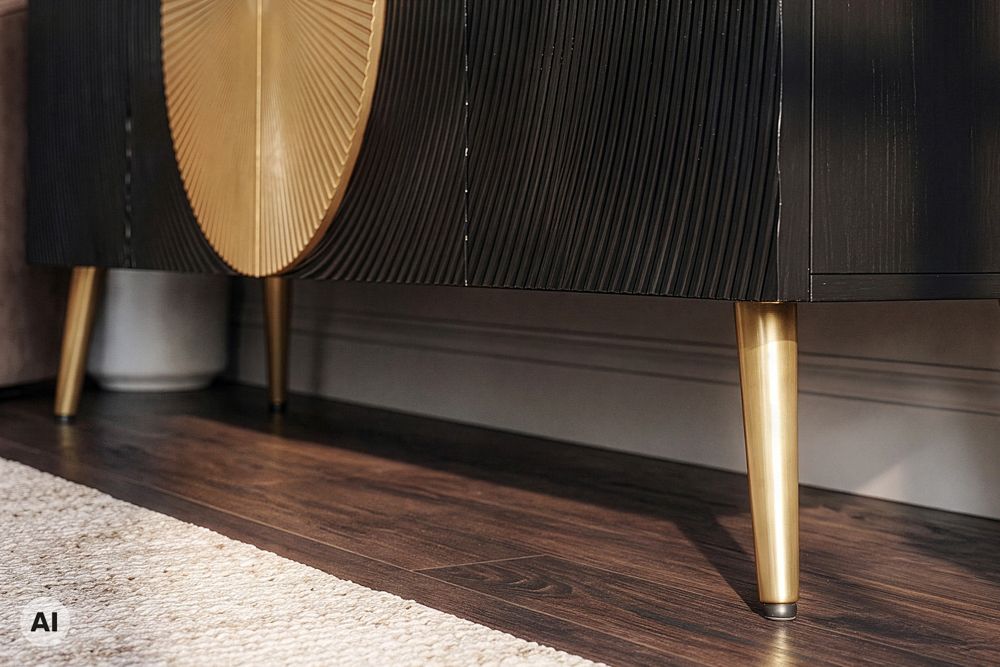 Massives Sideboard AURUM 180cm schwarz Mangoholz mit ikonischem Gold-Element