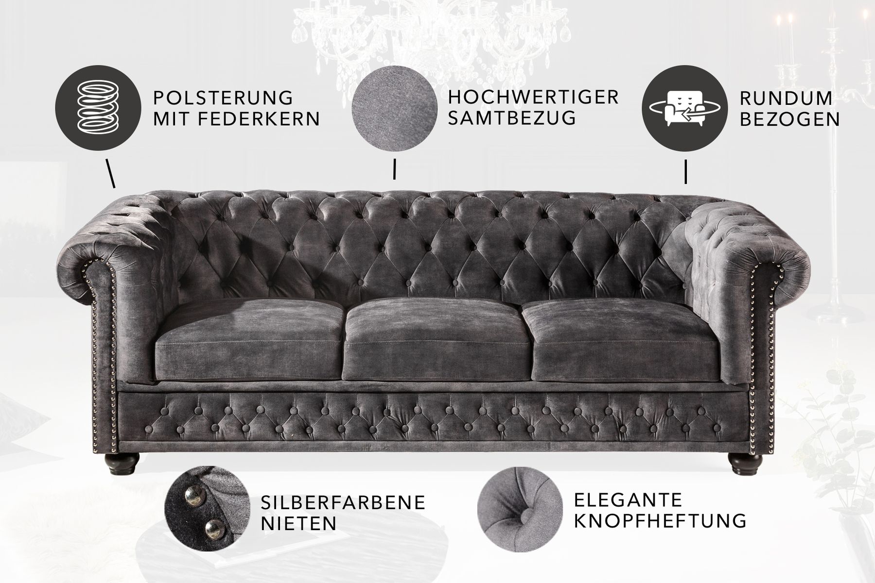 Chesterfield 3-Sitzer Sofa 205cm grau Samt Federkern Knopfheftung
