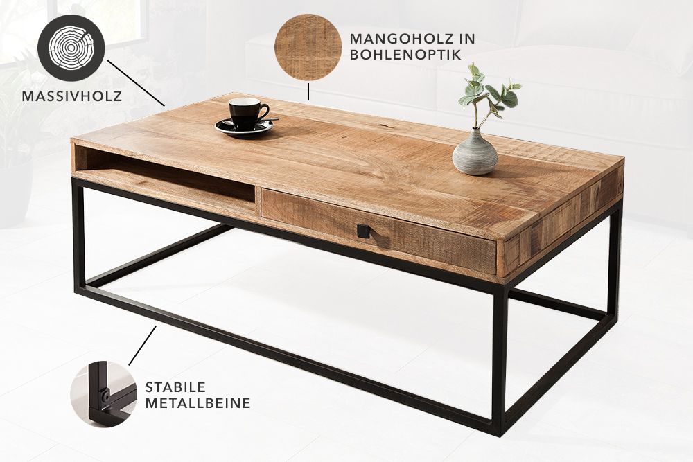 Massiver Couchtisch IRON CRAFT 100cm Mangoholz mit Schublade schwarzes Metallgestell