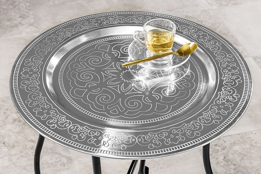 Runder Beistelltisch MARRAKESCH 50cm silber Teetisch abnehmbares Tablett klappbar