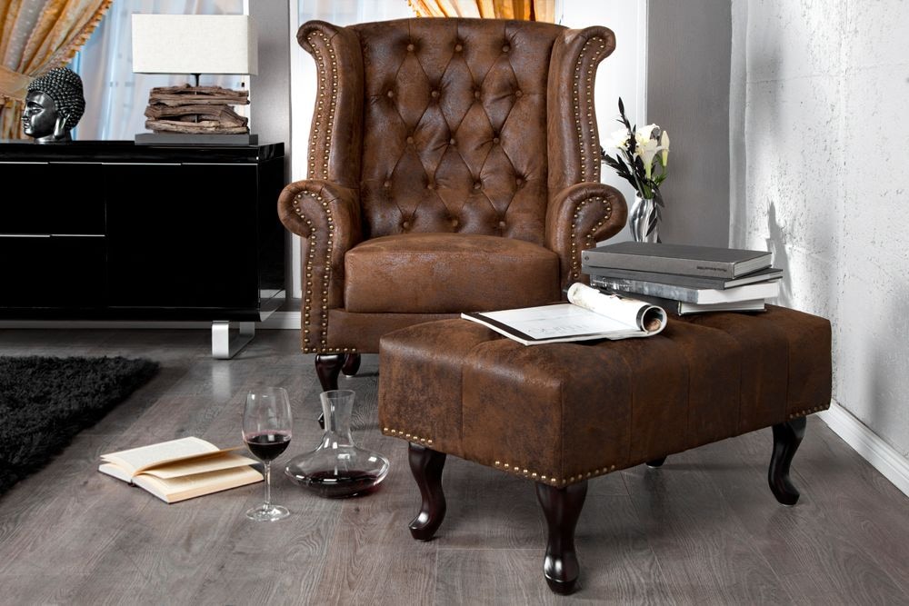 Chesterfield Fußhocker 80cm antik braun mit Knopfheftung und Nietenbesatz
