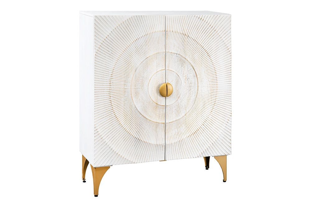 Massives Highboard GOLDEN SUNSET 120cm weiß gold Mangoholz mit 3D Schnitzereien