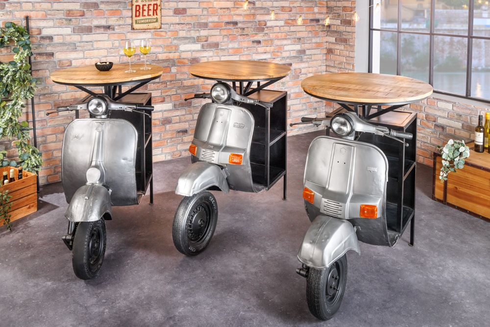 Vintage Bartisch UPCYCLING SCOOTER 120cm silber Mangoholz rund handmade