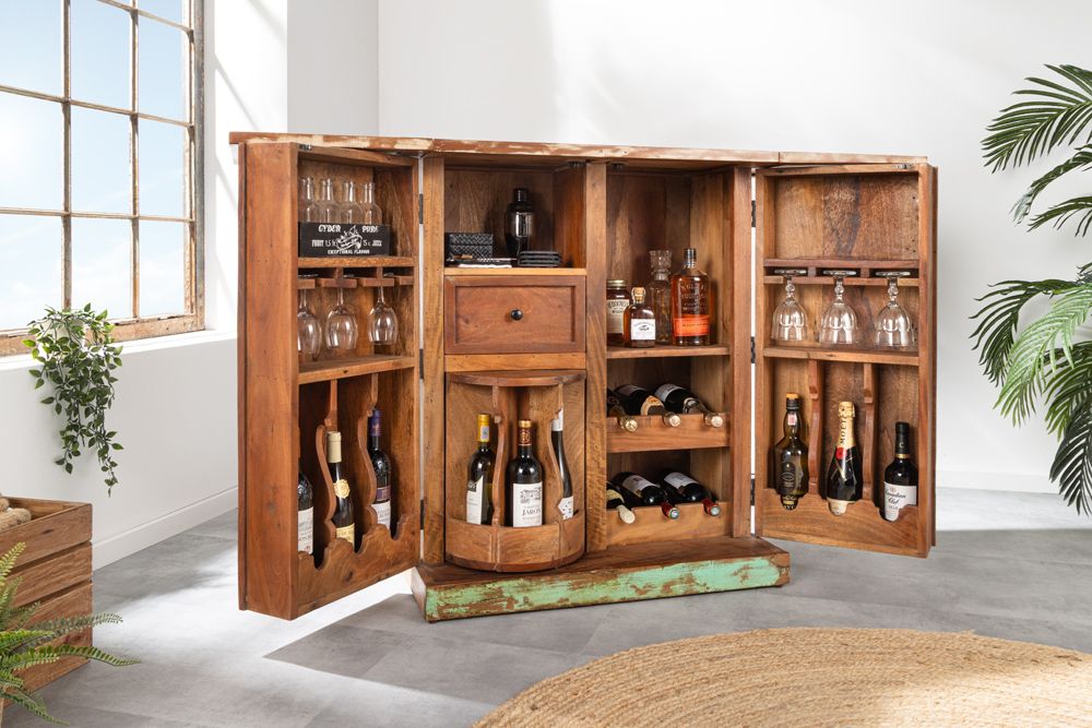 Einzigartiger Barschrank JAKARTA 100cm natur bunt recyceltes Massivholz aus Fischerbooten