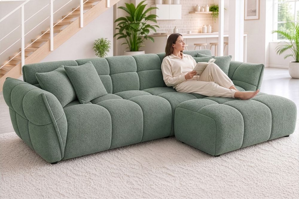 XXL Sofa CLOUD 260cm salbei Bouclé Bigsofa Federkern inkl. Kissen