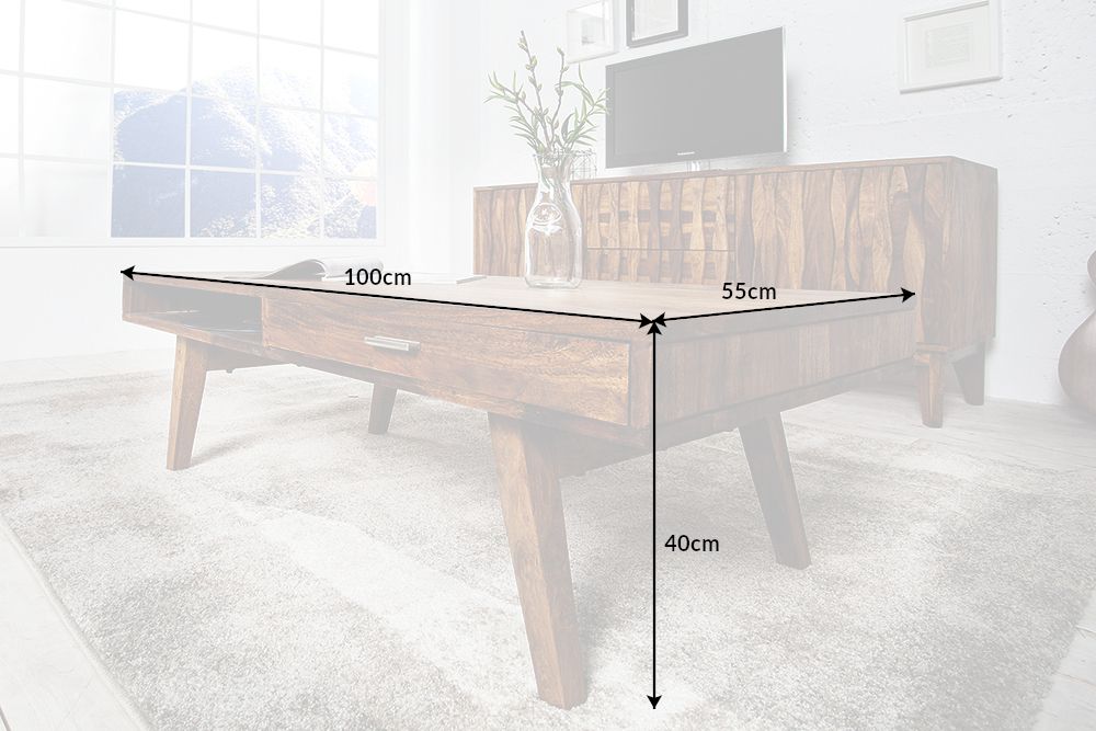 Massivholz Couchtisch RETRO 100cm braun Sheesham stone finish Schubladen handmade