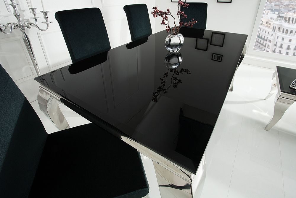Eleganter Design Esstisch MODERN BAROCK 200cm schwarz Opalglas Tischplatte Edelstahl