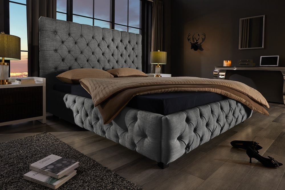 Design Boxbett PARIS 180x200cm grau Leinen Chesterfield Doppelbett