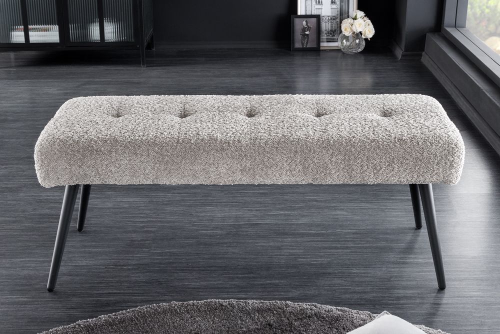 Design Sitzbank BOUTIQUE 100cm champagner greige Bouclé schwarze Metallbeine Polsterbank