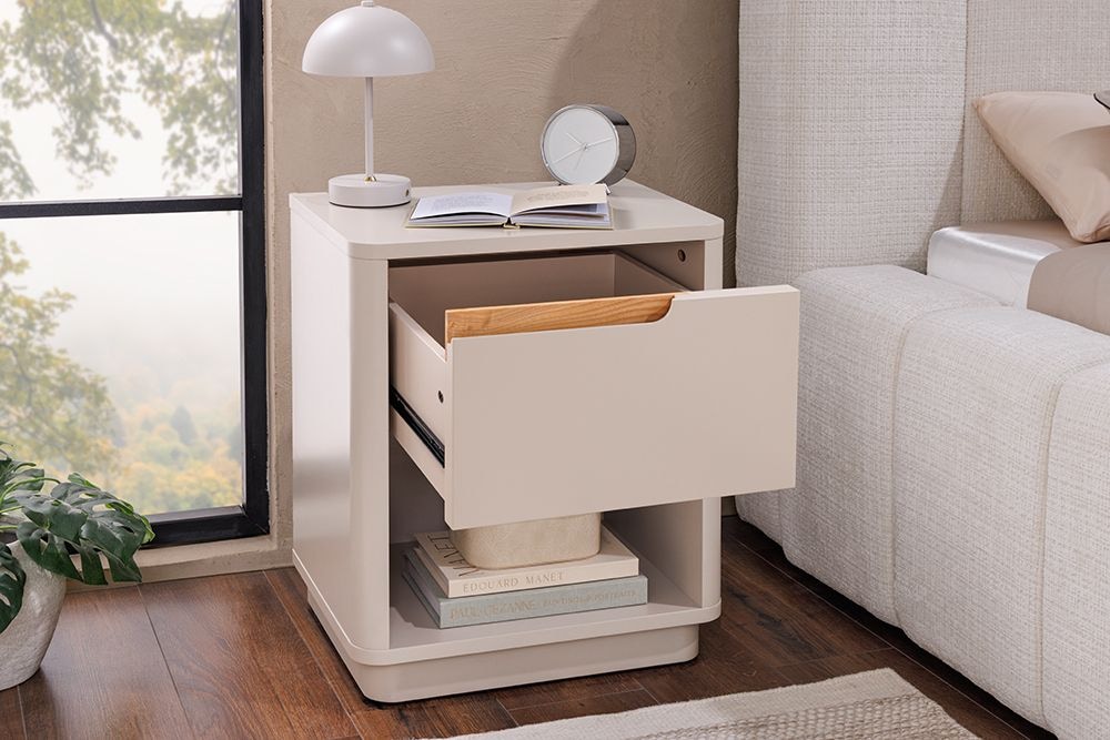 Design Nachtschrank LIV 55cm cashmere weiß mit Schublade und offenem Fach
